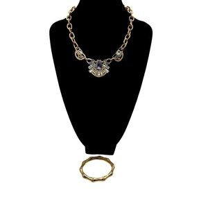 Vintage Gold-Tone Statement Necklace & Bracelet Set With Rhinestones & Crystals